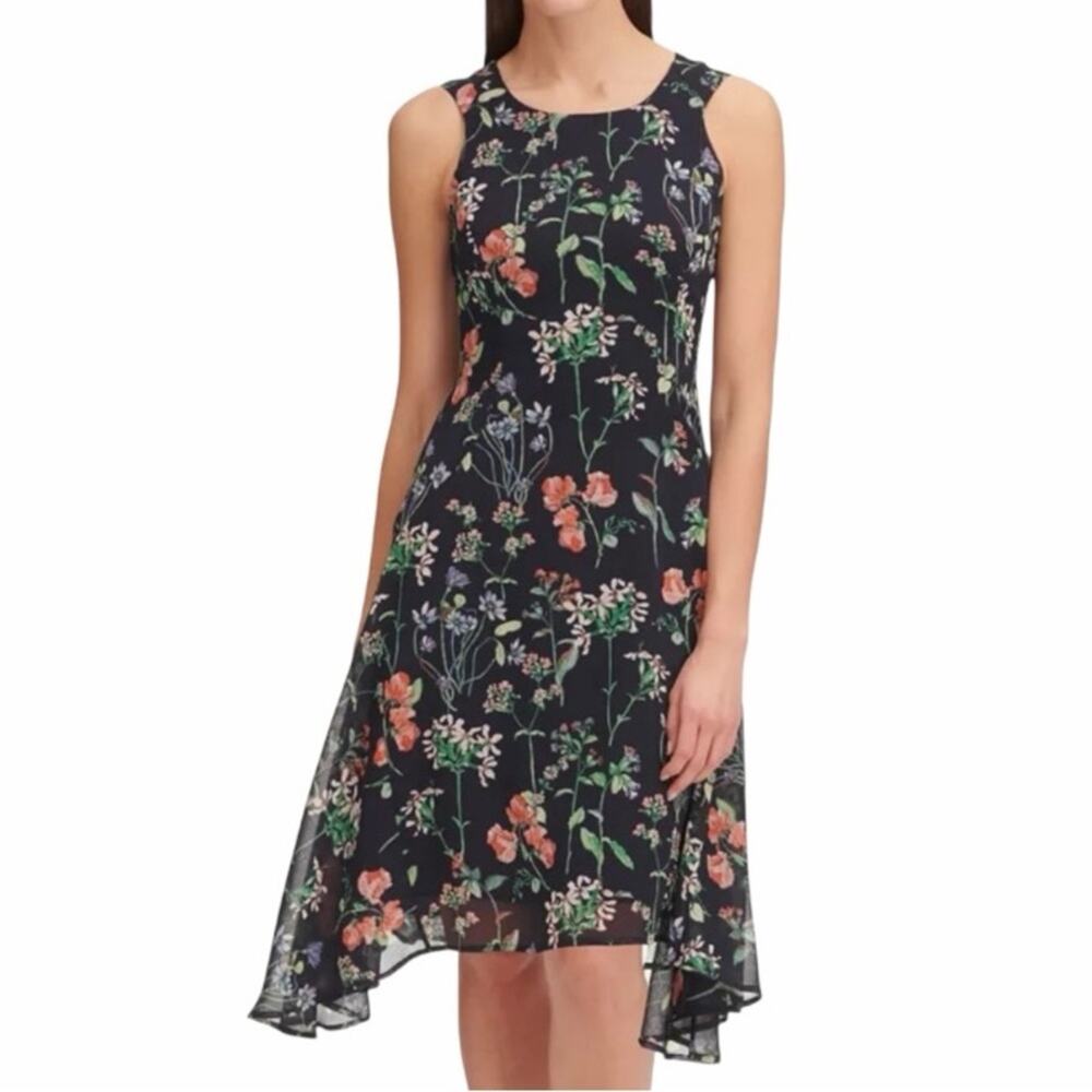 Tommy Hilfiger Dress Asymmetrical Hem Midi Blue Pink Floral Women’s Size Medium